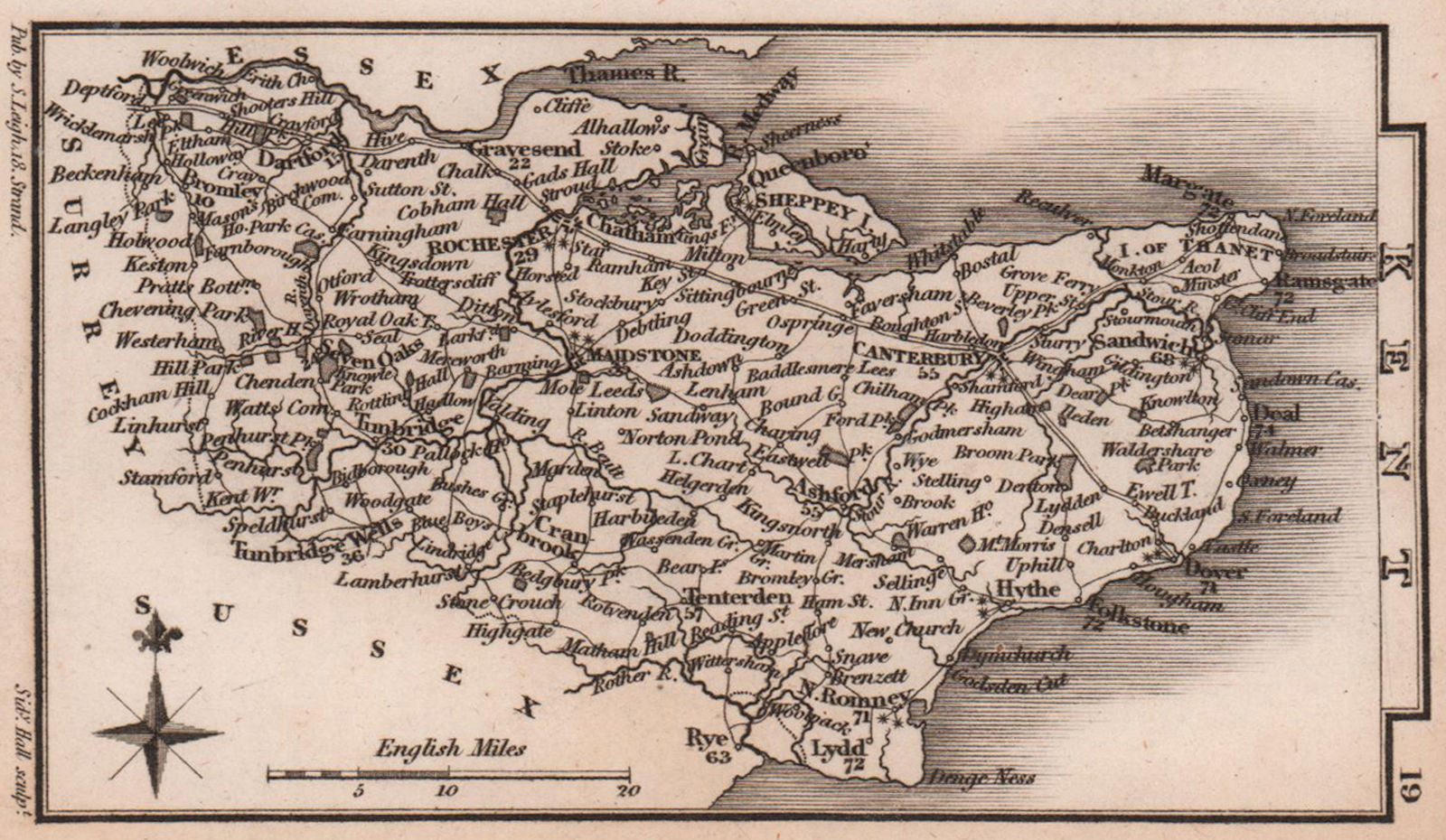 Kent miniature county map by Samuel Leigh / Sidney Hall c1820 old antique